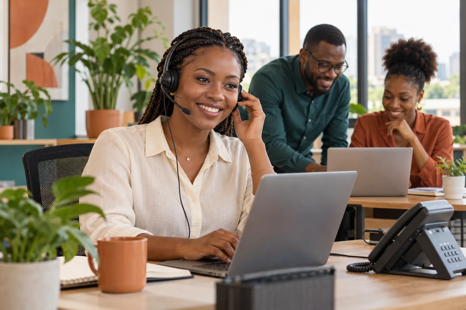 Illustration : des professionnels africains collaborent dans un bureau, avec un casque et un téléphone IP.
